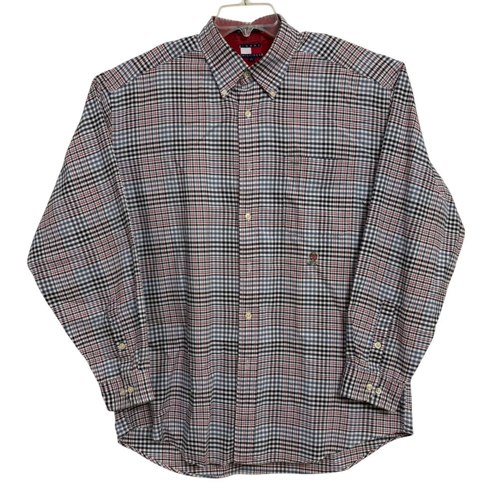 Vtg 90s Tommy Hilfiger Big Fit Shirt Large 25 P2P Red White Blue Plaid Oversized